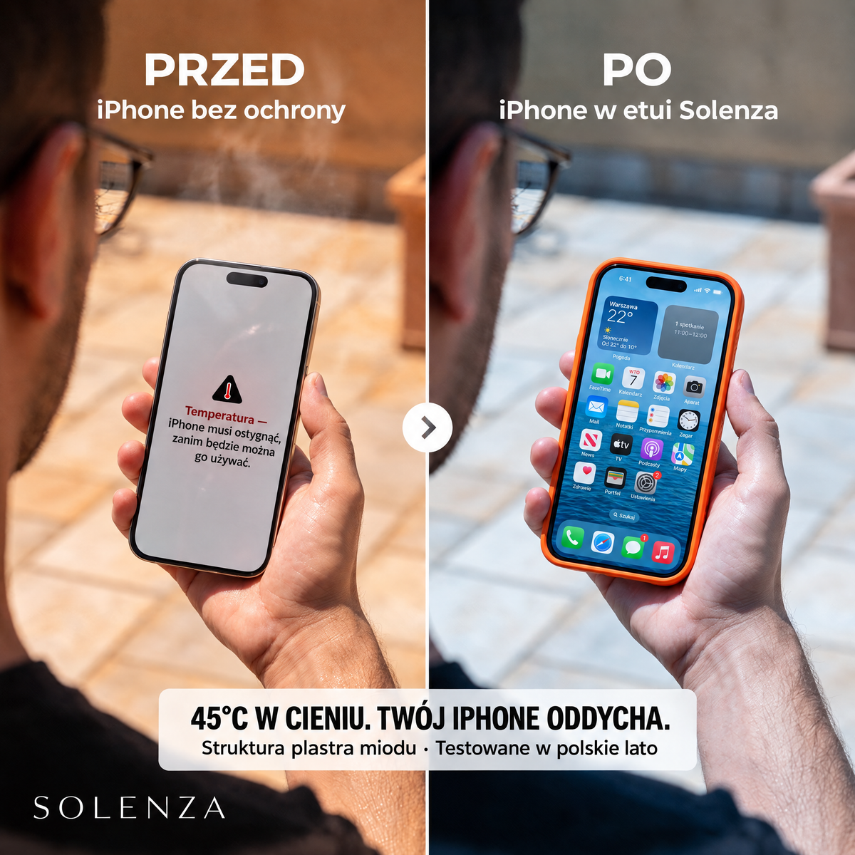 Przed i po – iPhone bez ochrony vs w etui Solenza