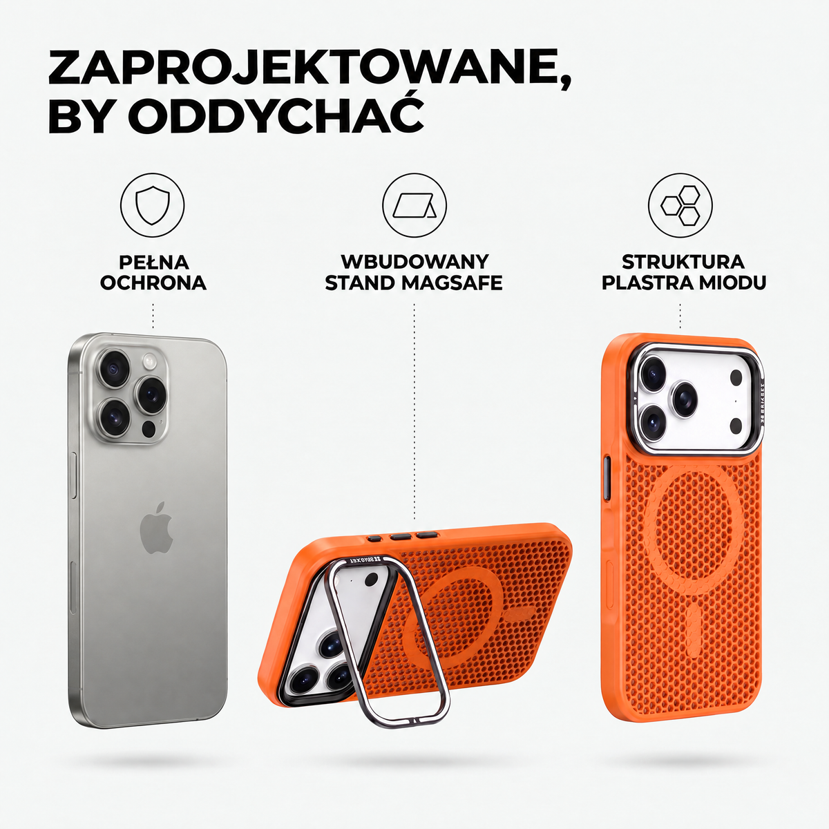 Zaprojektowane, by oddychać – pełna ochrona, stand MagSafe, struktura plastra miodu
